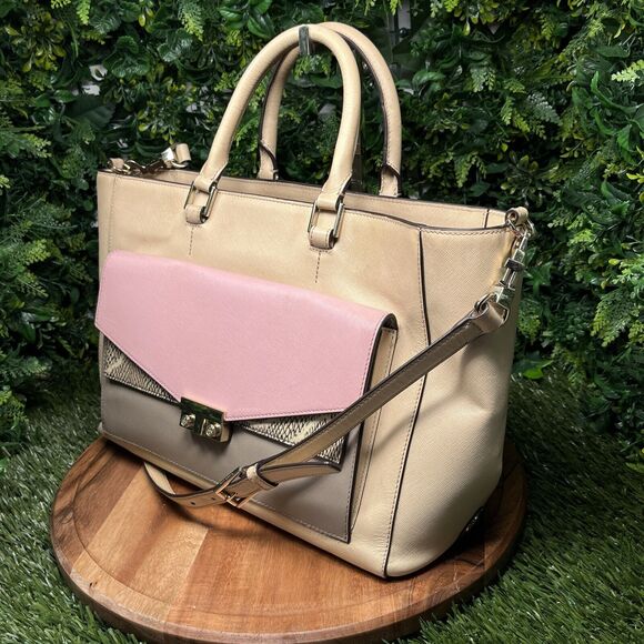 TORY BURCH HANDBAG T Lock E/W Tote Beige Pink Color Block And Clutch‎ Purse - Picture 3 of 16